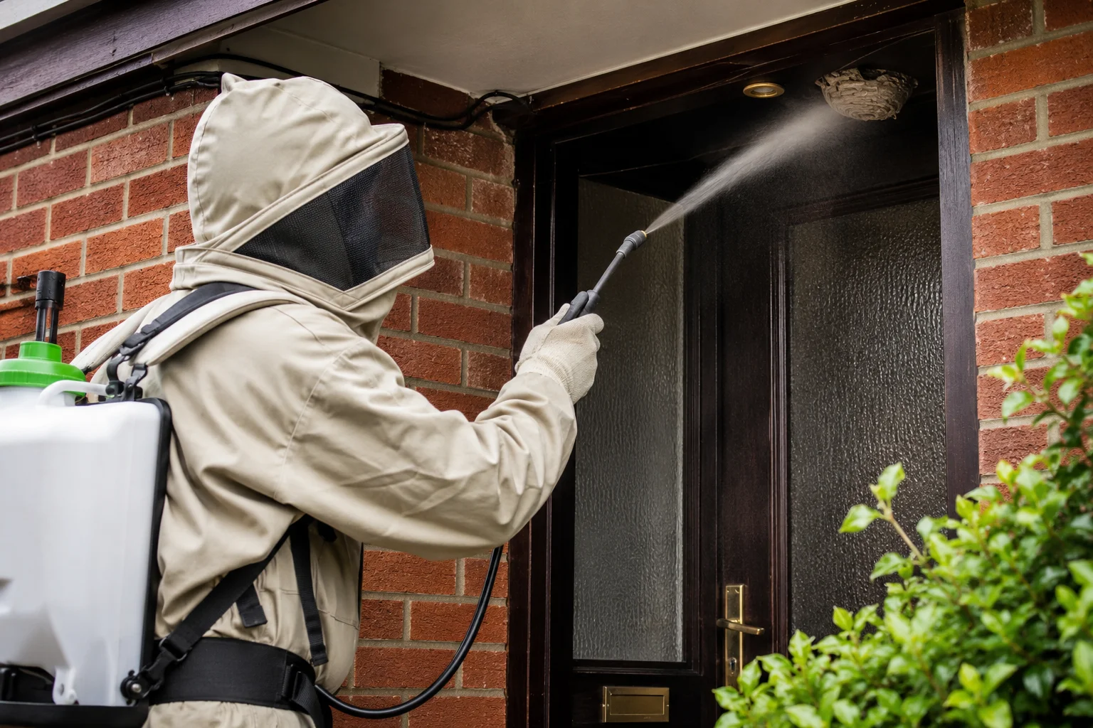 Pest control technician safely treating a wasp nest at source in Ireland