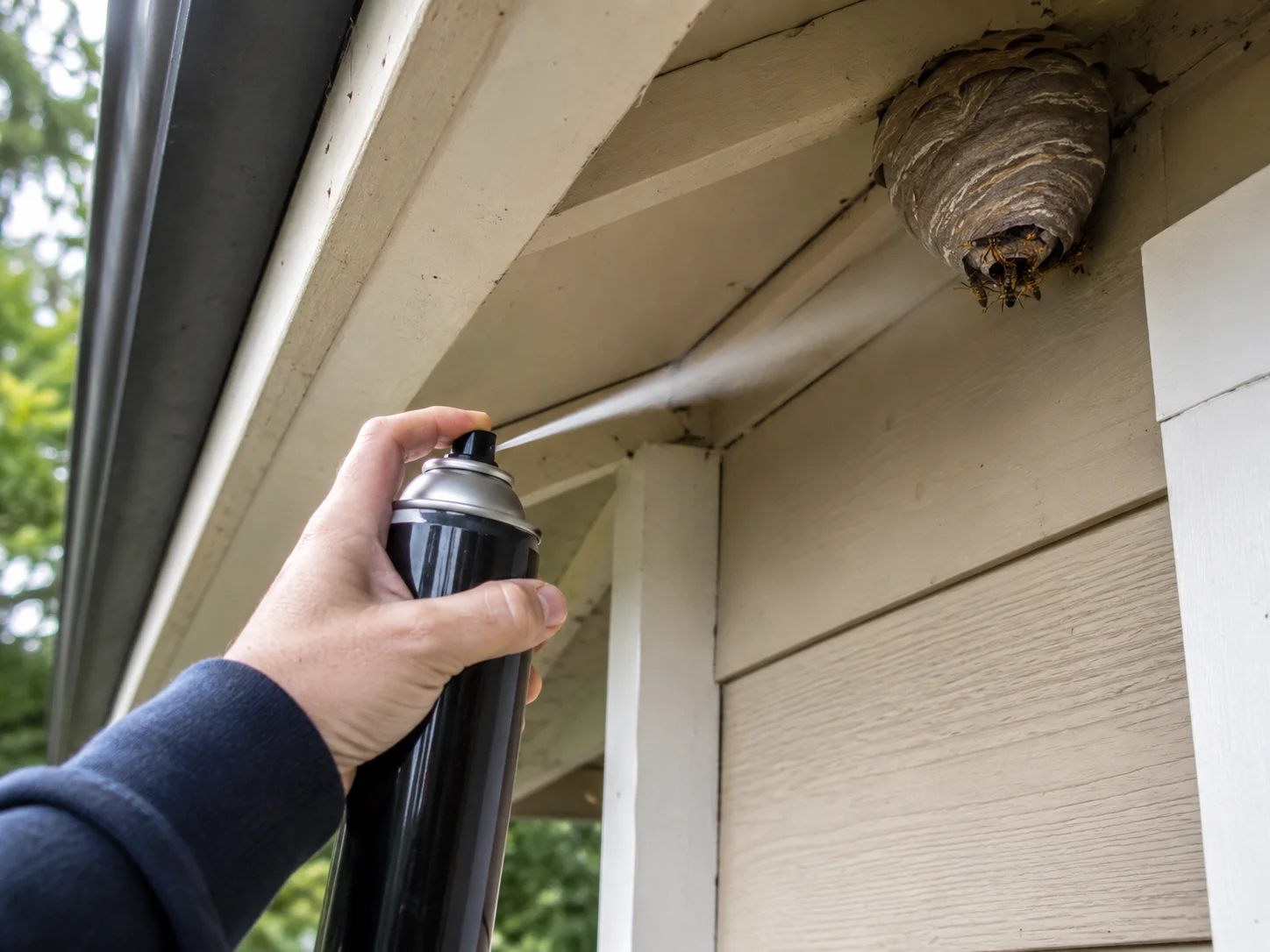 Shop-bought wasp spray being used on a nest