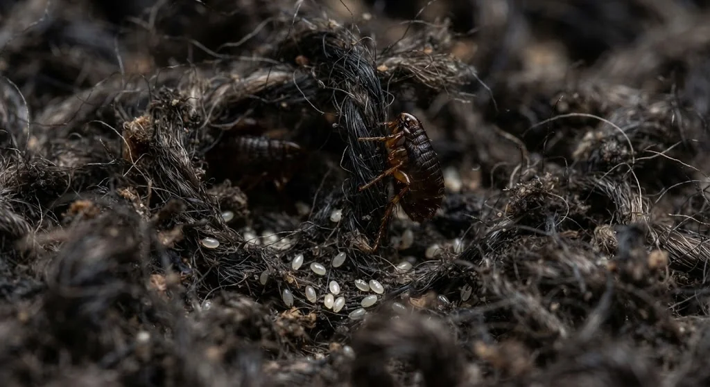 Fleas and eggs hiding in carpet fibres