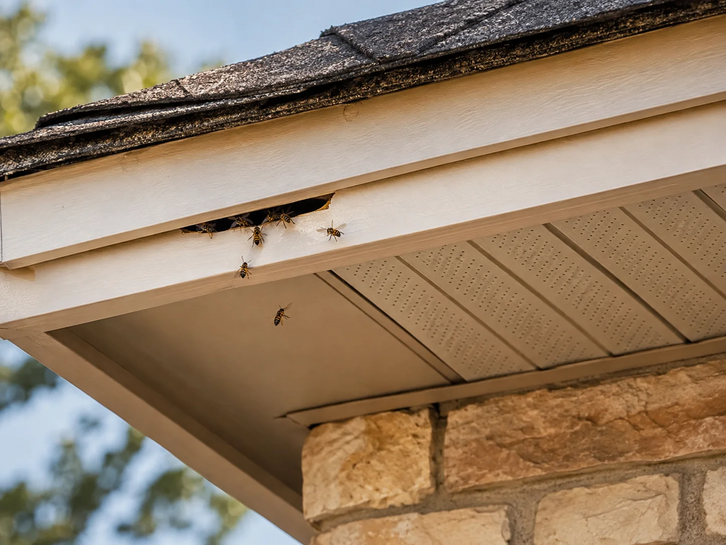 Wasps entering a nest through a soffit gap